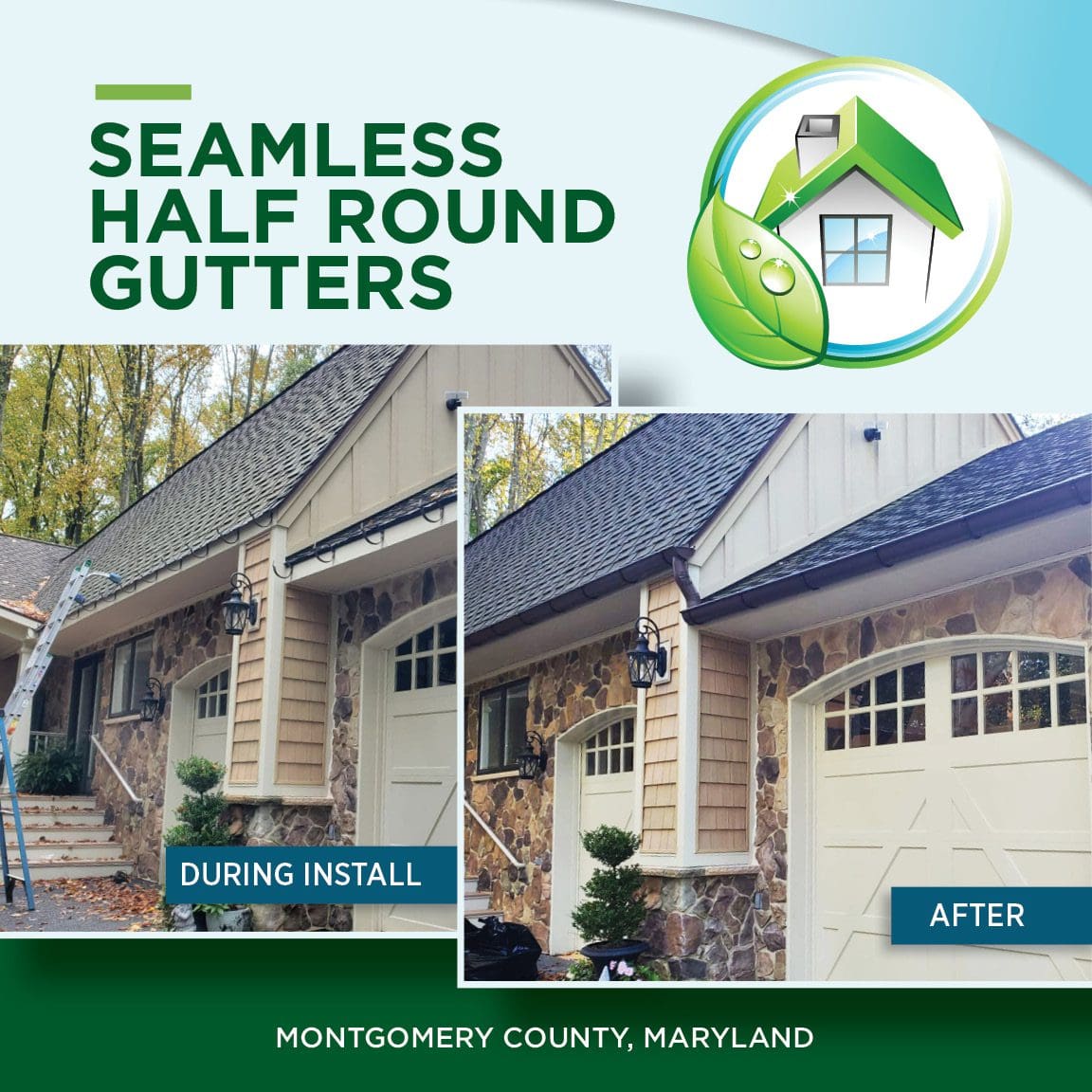 Seamless hald round gutters in Montgomery county Maryland