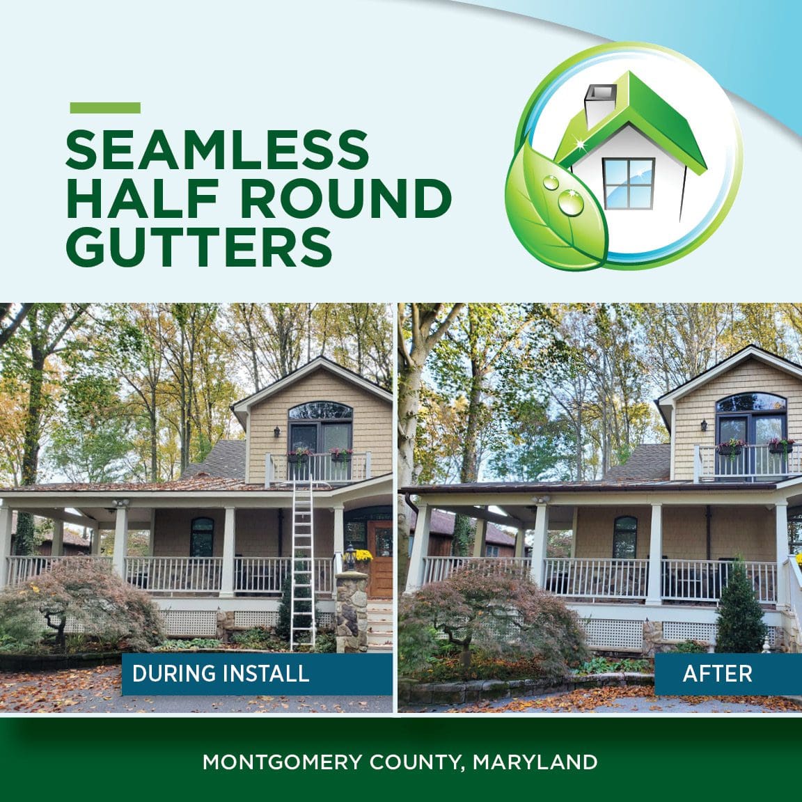 Seamless hald round gutters in Montgomery county Maryland