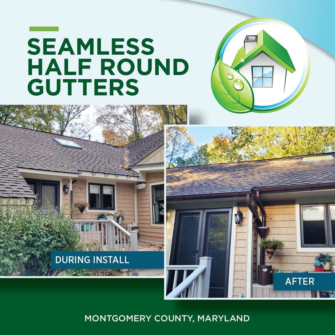 Seamless hald round gutters in Montgomery county Maryland