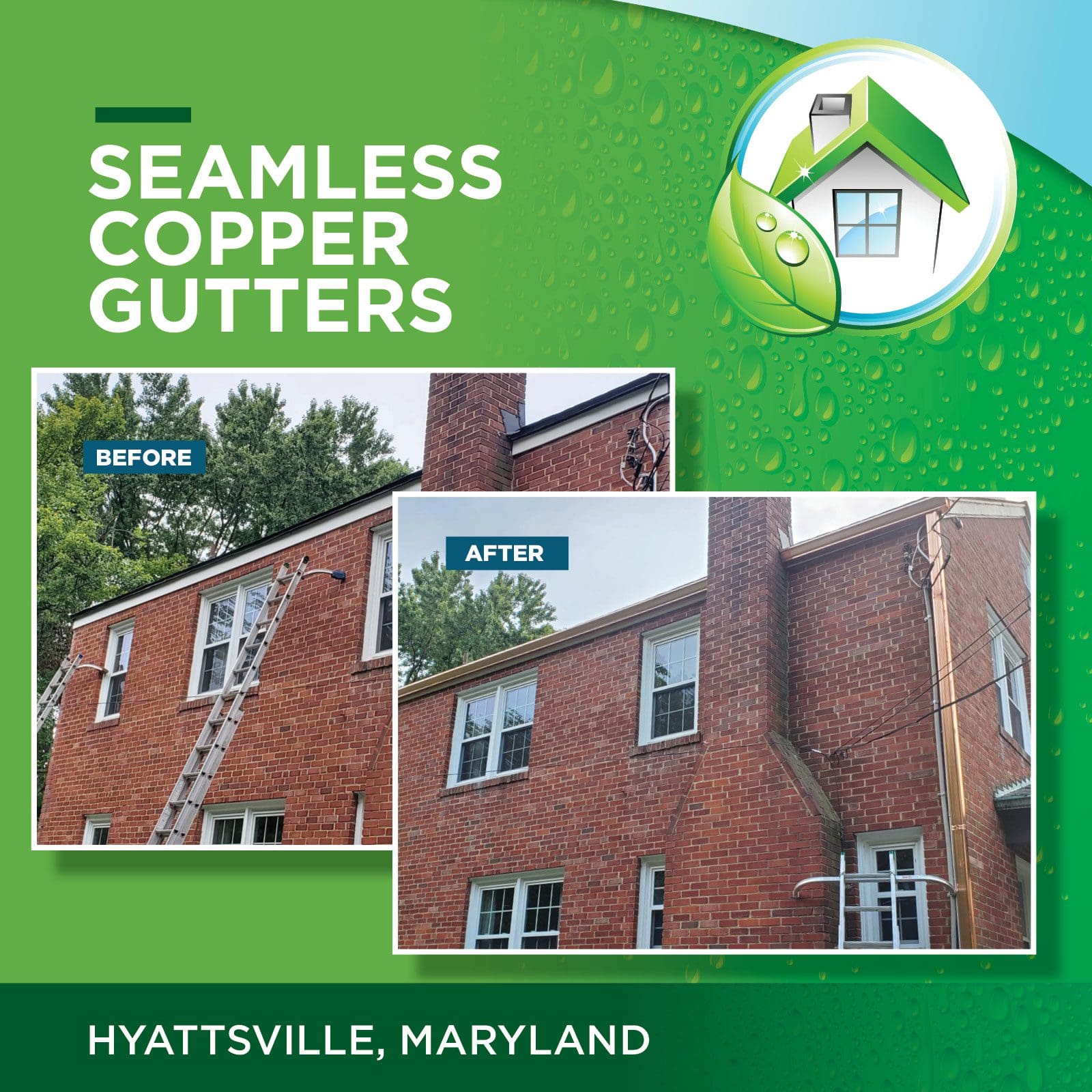 Seamless copper gutters before and after in Hyattsville MD