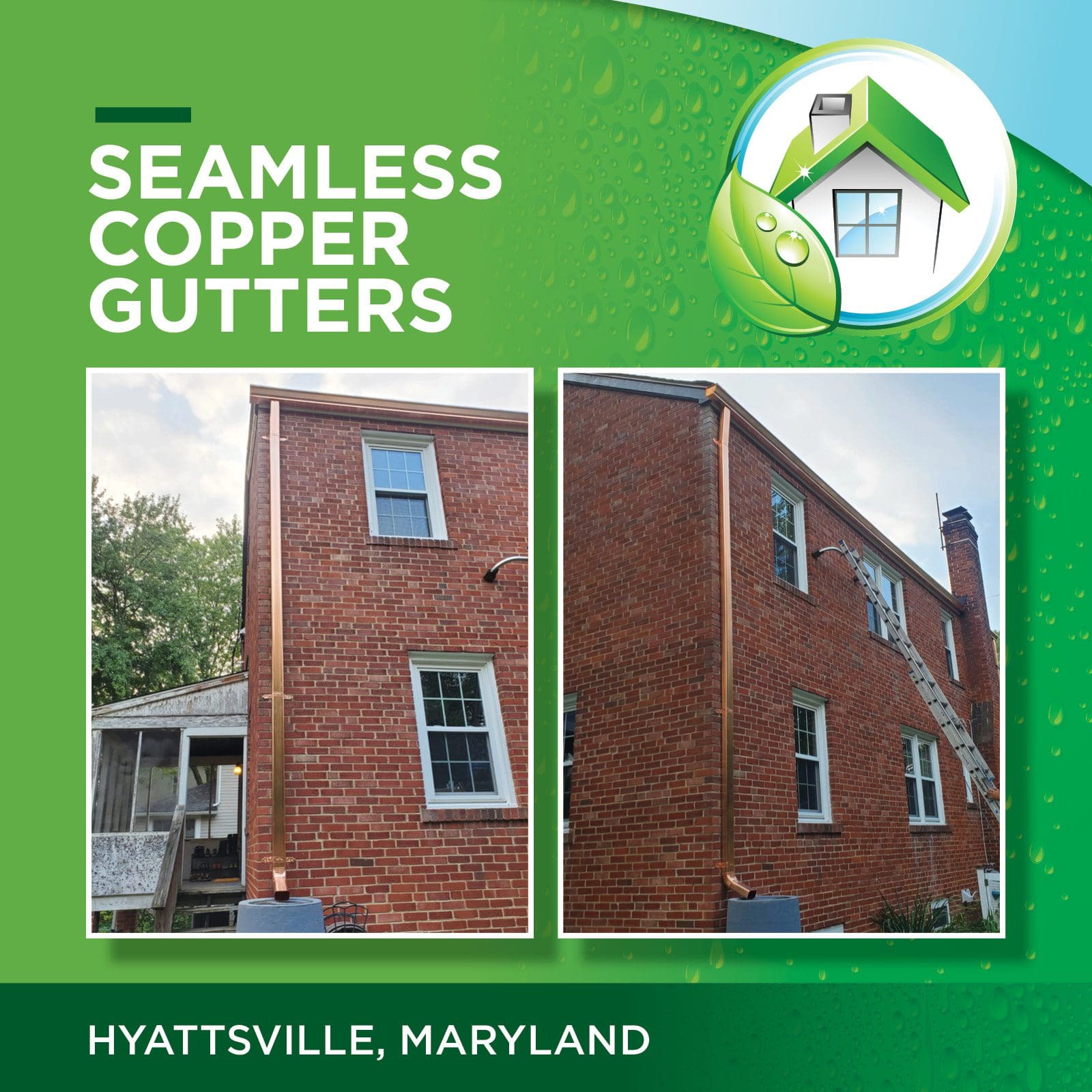 Seamless copper gutters before and after in Hyattsville MD