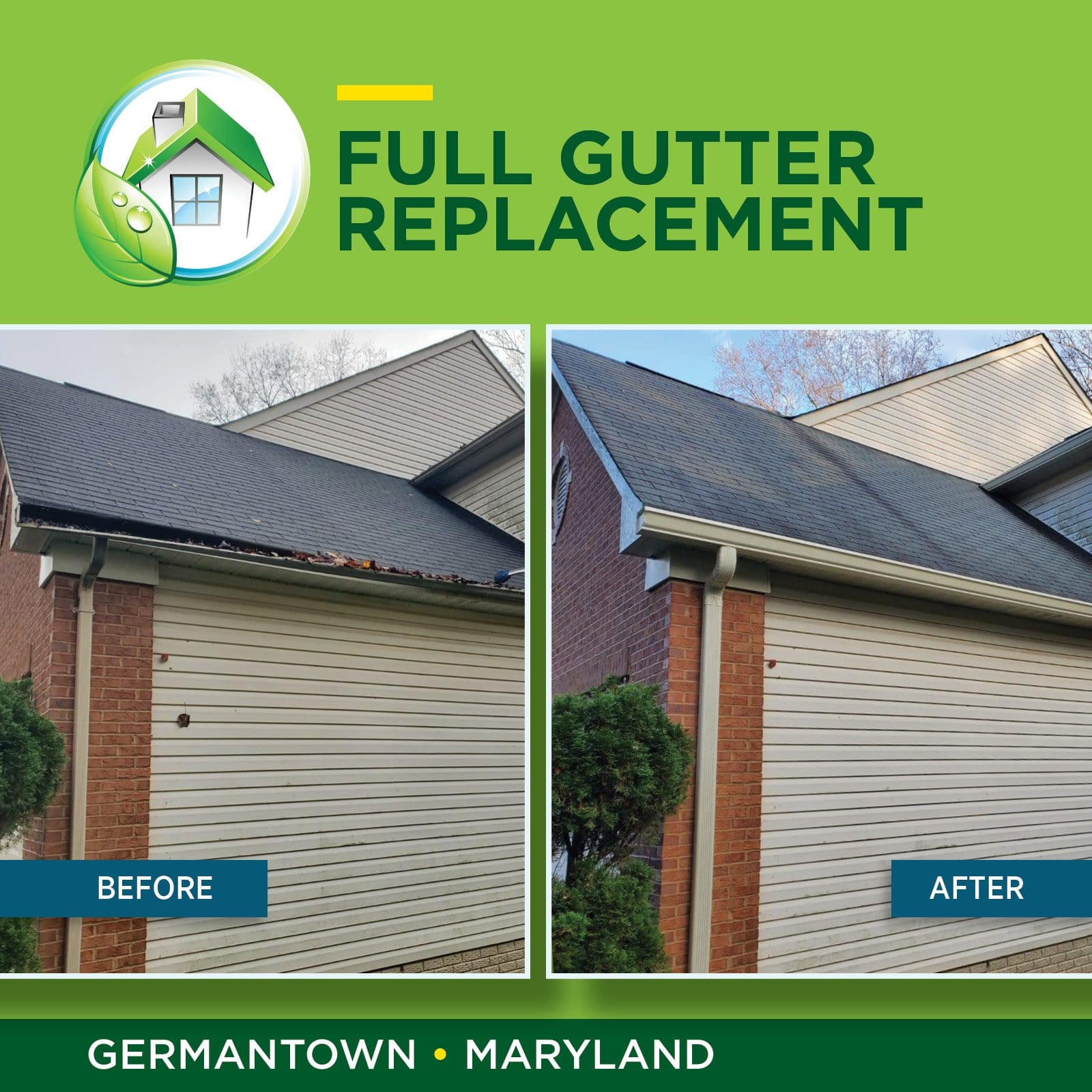 Full gutter replacement in Germantown Maryland