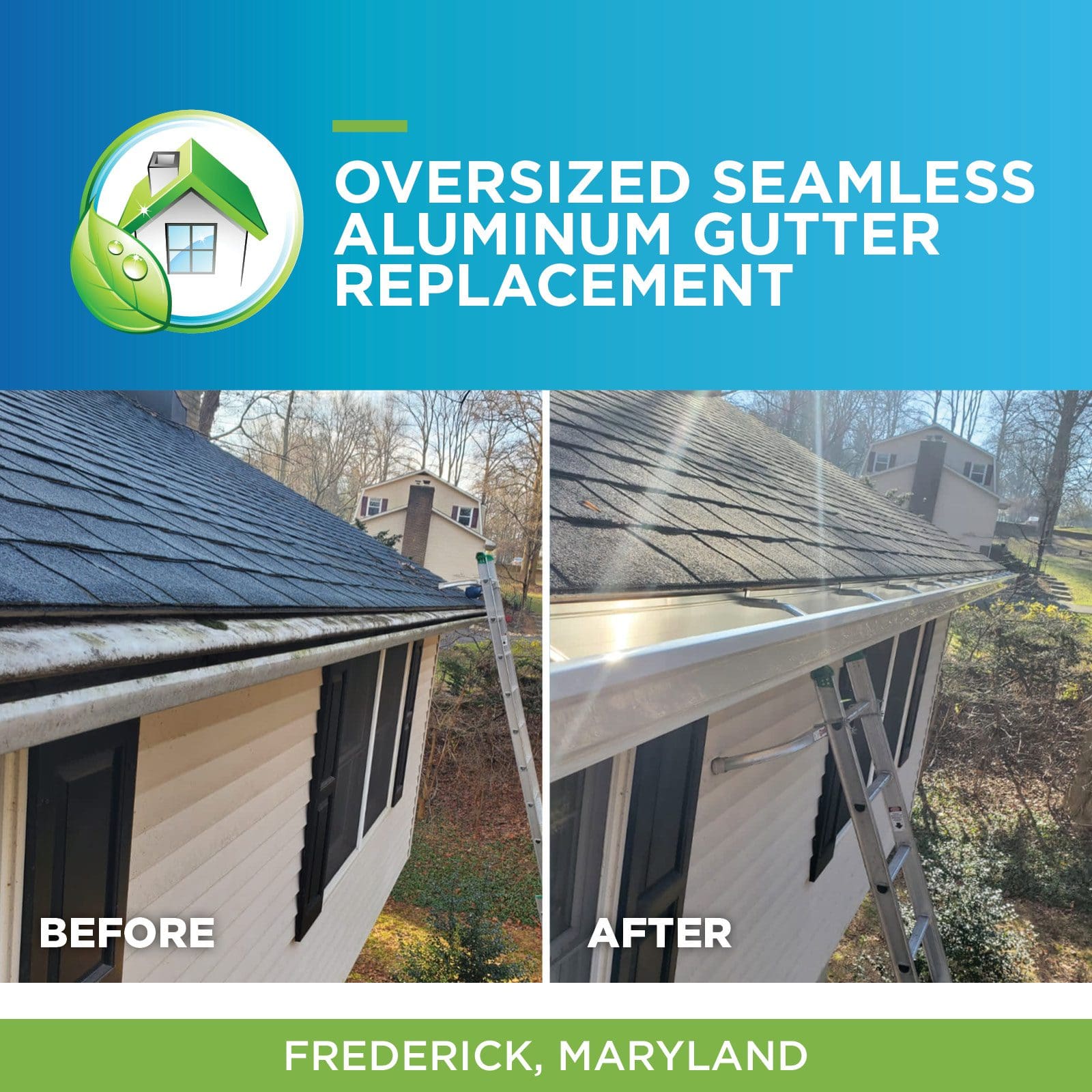 Oversize seamless aluminum gutters with leaf relief gutter guards in Frederick maryland