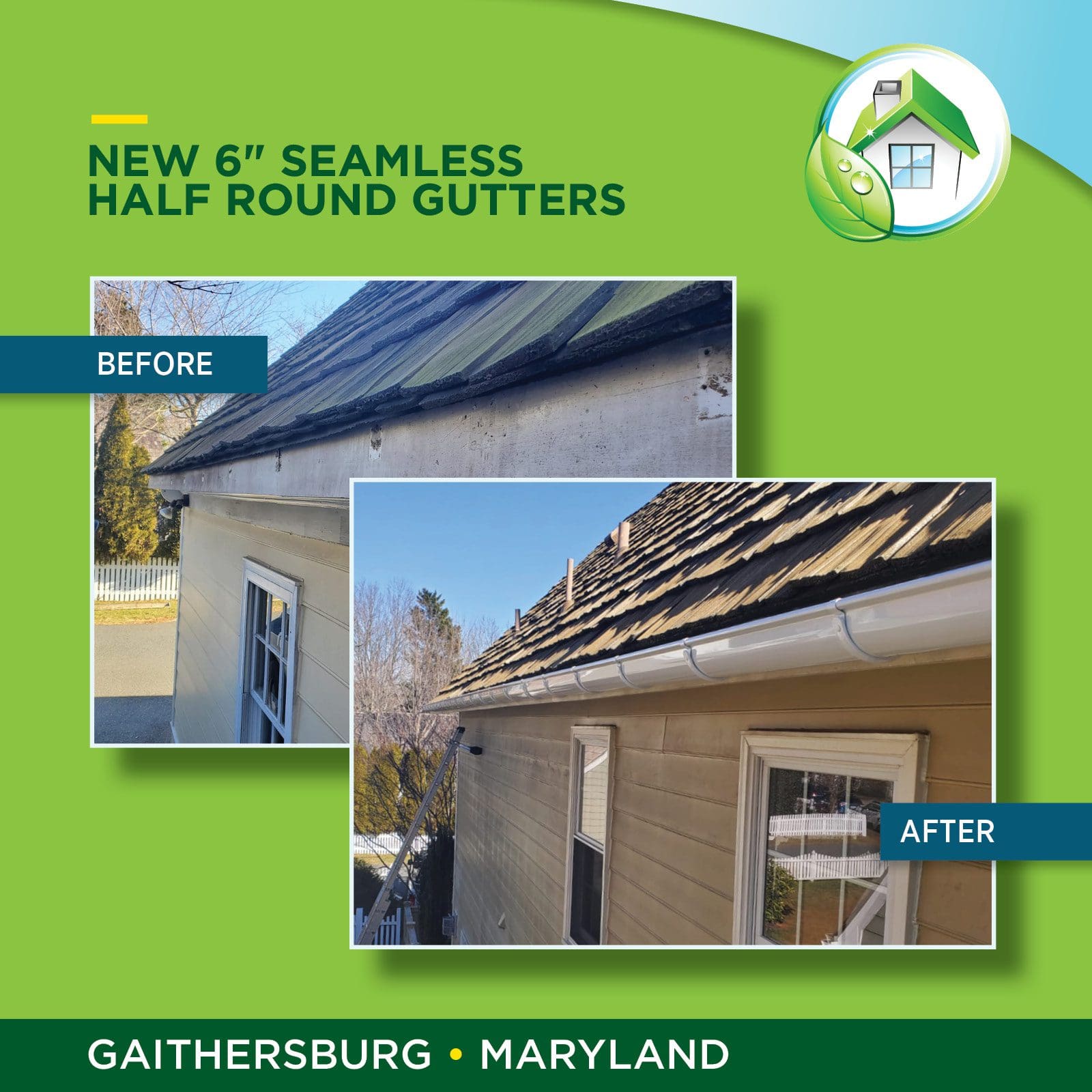 Before and after new 6" seamless half round gutters in Gaithersburg Maryland