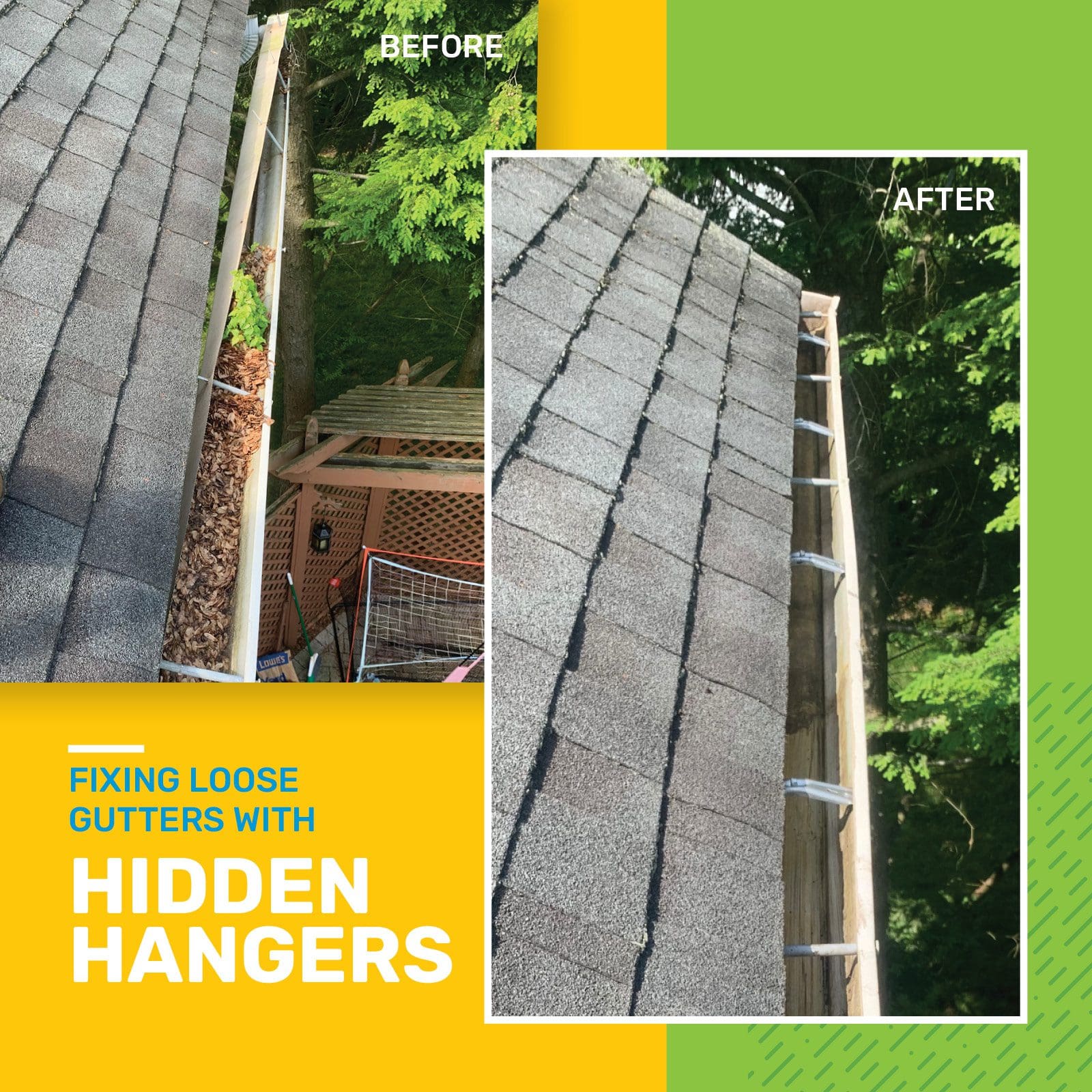 Fixing loose gutters with hidden hangers before and after picture