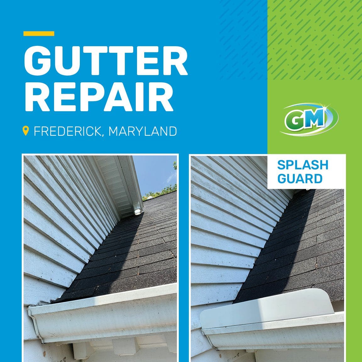 Gutter repair and splash guard installation by GutterMaid before and after pictures