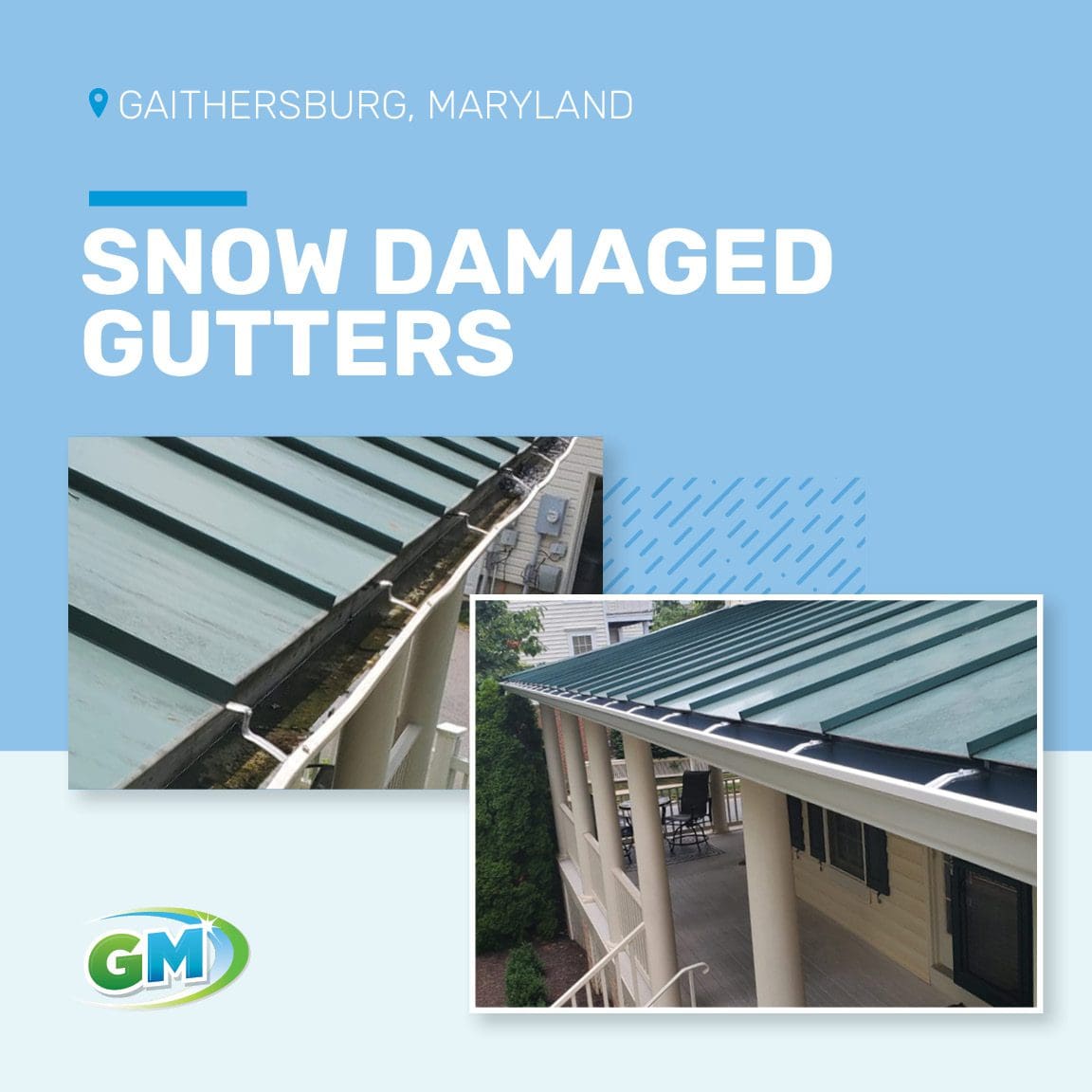 Snow damaged gutter replacement in Gaithersburg, Maryland