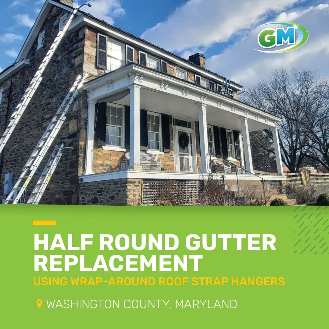 Half round gutter replacement using wrap around roof strap hangers in Washington county Maryland